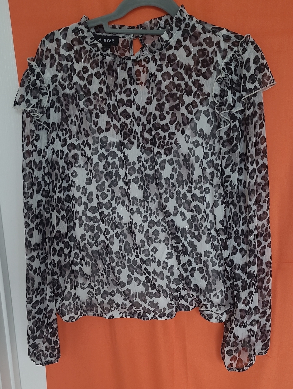 A. Byer Sheer/lined Leopard-Print Ruffle Long-Sleeve Blouse - Black/White/Silver